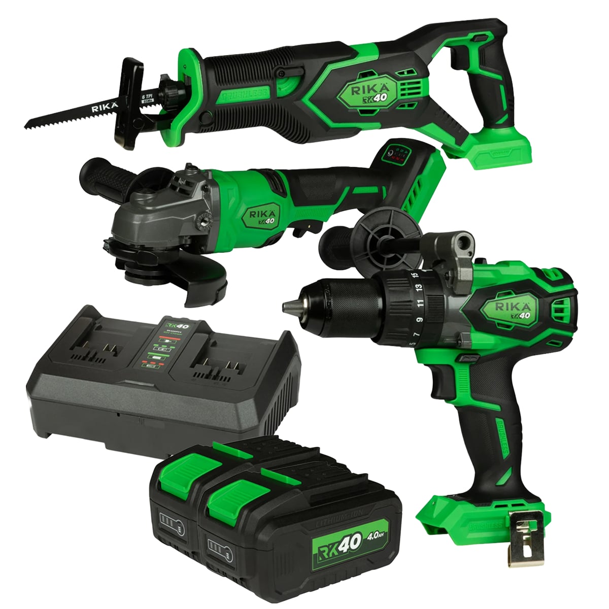 Rikä RK40 40V Cut, Demo & Drill Kit | Grinder + Recip Saw + 150Nm Drill | Brushless | 2x 4.0Ah Batteries